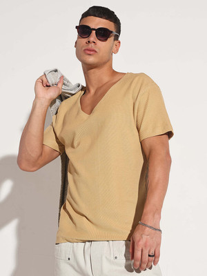 SHOWOFFFF Solid Men V Neck Beige T-Shirt
