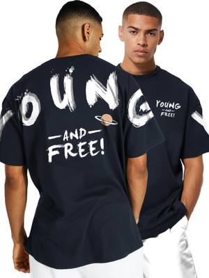 Jump Cuts Printed, Typography Men Round Neck Dark Blue, White T-Shirt