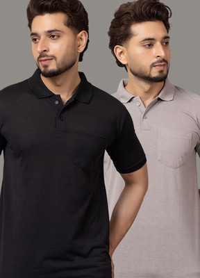 TRIUS Solid Men Polo Neck Black T-Shirt