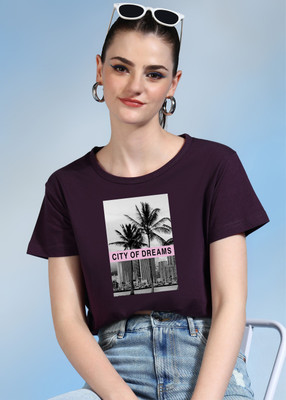 METRONAUT Printed Women Round Neck Purple T-Shirt