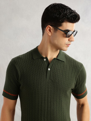 THOMAS SCOTT Self Design Men Polo Neck Dark Green T-Shirt