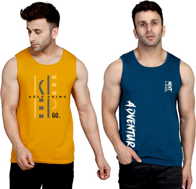 SLOWLORIS Printed Men Round Neck Brown, Dark Blue T-Shirt