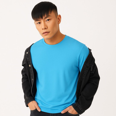 Aramas Solid Men Round Neck Light Blue T-Shirt