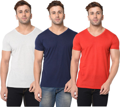 JB Jagoboy Self Design, Solid Men V Neck Dark Blue, Red, Grey T-Shirt