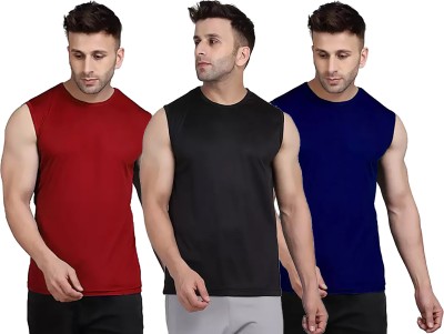 Think Tech Solid Men Round Neck Maroon, Black, Dark Blue T-Shirt