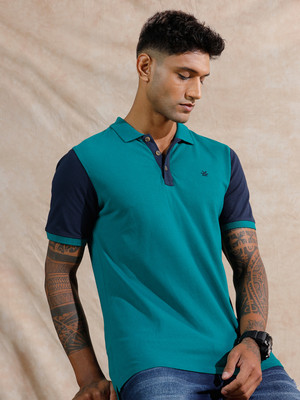 WROGN Solid Men Polo Neck Blue T-Shirt