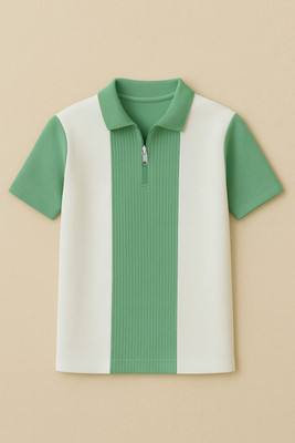 Teenie Striped Men Zip Neck Green T-Shirt