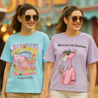 Fabflee Printed Women Round Neck Multicolor T-Shirt