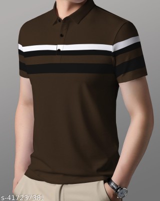 GARBLY Striped Men Polo Neck Black T-Shirt