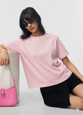 tooidde Solid Women Round Neck Pink T-Shirt
