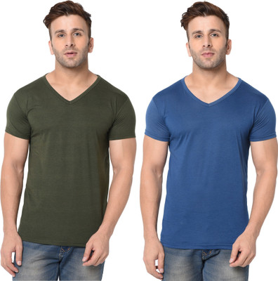Tresna Trending Solid Men V Neck Dark Blue, Dark Green T-Shirt