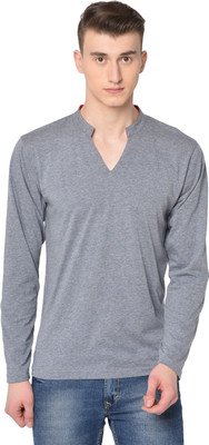 GLITO Solid Men V Neck Grey T-Shirt