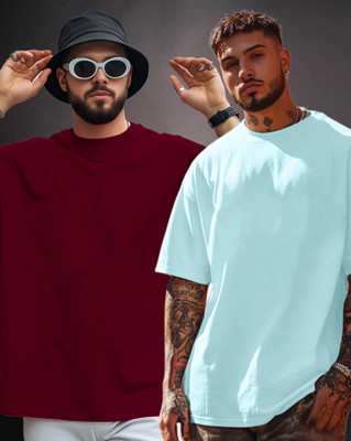 AOOSH Solid Men Round Neck Light Blue, Maroon T-Shirt