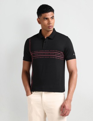 Arrow Sport Striped Men Polo Neck Black T-Shirt