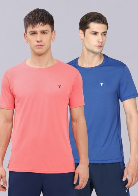 TECHNOSPORT Solid Men Round Neck Blue, Red T-Shirt