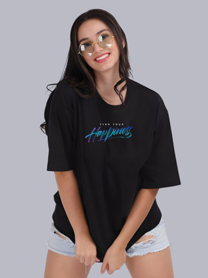 Moda Rapido Printed Women Round Neck Black T-Shirt