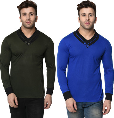 Adorbs Trend Solid Men V Neck Dark Blue, Dark Green T-Shirt