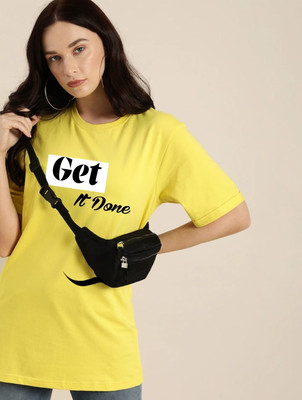 SPOWEARY Printed Women Round Neck White, Black, Yellow T-Shirt