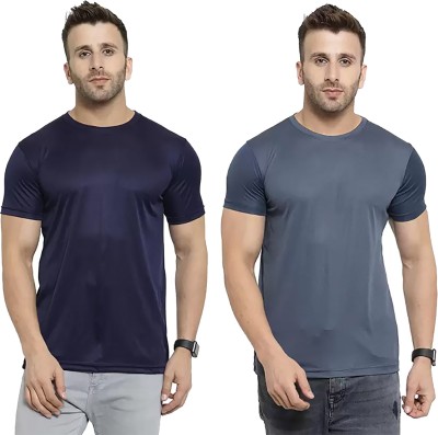 Think Tech Solid Men Round Neck Dark Blue, Grey T-Shirt