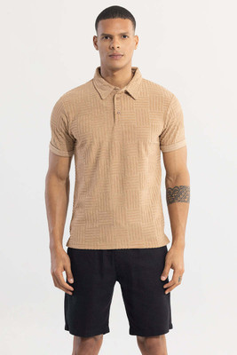 Snitch Self Design Men Polo Neck Beige T-Shirt