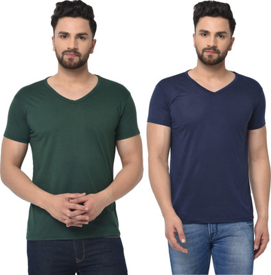 Tresna Trending Solid Men V Neck Dark Blue, Dark Green T-Shirt