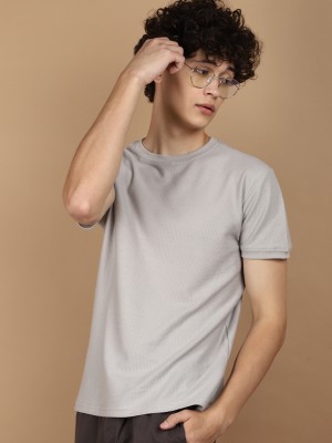 V-MART Solid Men Round Neck Grey T-Shirt