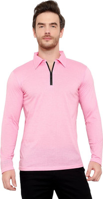 Tresna Trending Solid Men Polo Neck Pink T-Shirt