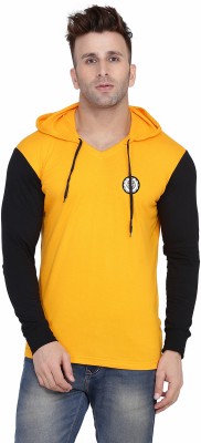 Money Leaf Colorblock Men Hooded Neck Black, Yellow T-Shirt