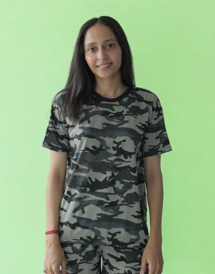 DELHIITE Military Camouflage Women Round Neck Grey T-Shirt