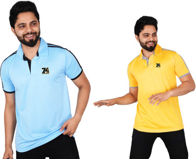 La Milano Striped Men Polo Neck Gold, Blue T-Shirt