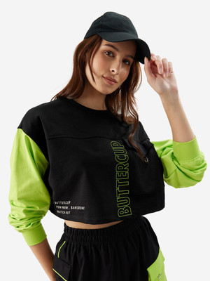 The Souled Store Colorblock Women Round Neck Black, Light Green T-Shirt