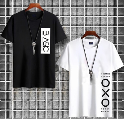 FastColors Pack Of 2 Men Typography Round Neck Cotton Blend Multicolor T-Shirt For Rs. 154 @ 74 %