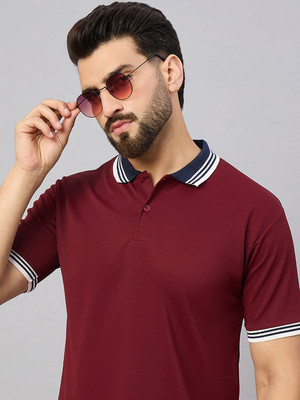 Merriment Solid Men Polo Neck Maroon T-Shirt
