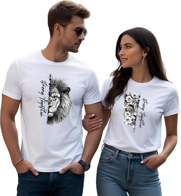 KART BLACK Self Design Couple Round Neck White T-Shirt
