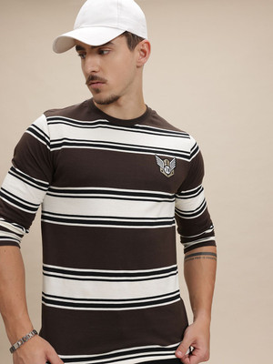 Roadster Striped Men Round Neck Brown T-Shirt