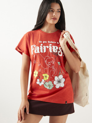 BEWAKOOF Graphic Print Women Round Neck Orange T-Shirt