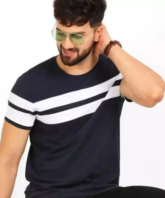clickwell Striped Men Round Neck White, Black T-Shirt