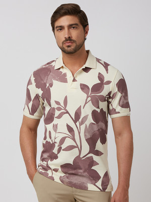 MUFTI Printed Men Polo Neck Beige T-Shirt