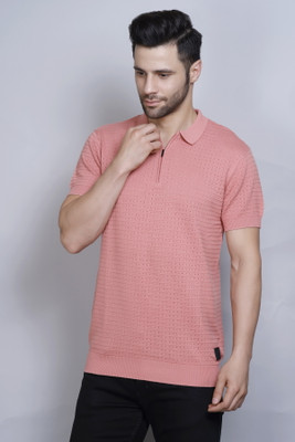 PULAKIN Self Design Men Polo Neck Orange T-Shirt