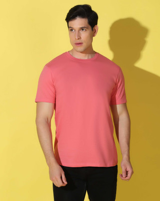 WOOSTRO Solid Men Round Neck Pink T-Shirt