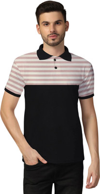 tfurnish Striped Men Polo Neck Pink, Black T-Shirt