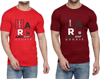 WOOSTRO Printed Men Round Neck Red, Maroon T-Shirt