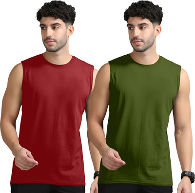 Jangoboy Solid Men Round Neck Maroon, Dark Green T-Shirt