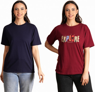 METRONAUT Printed, Solid Women Round Neck Multicolor T-Shirt