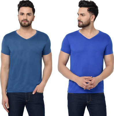 Tresna Fab Solid Men V Neck Dark Blue, Blue T-Shirt
