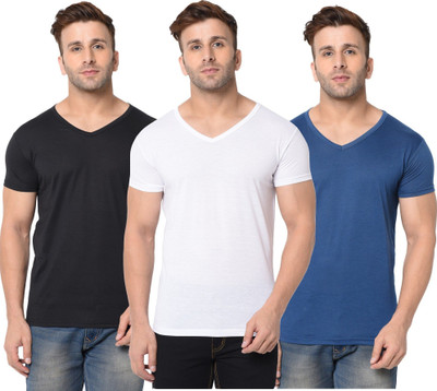 JB Jagoboy Solid Men V Neck White, Blue, Black T-Shirt