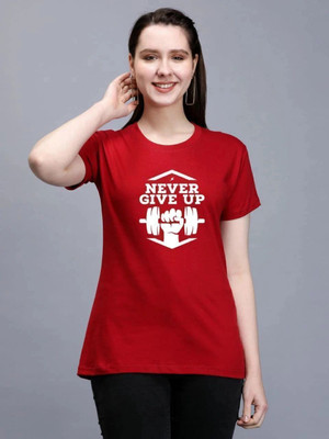 AdvibaFashion Printed Women Round Neck Maroon T-Shirt