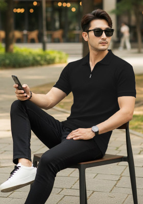 DSV ENTERPRISES Self Design Men Polo Neck Black T-Shirt