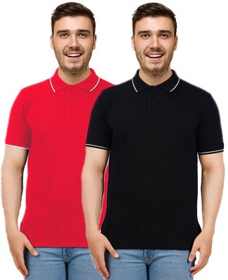 Wunderbars Solid Men Polo Neck Red, Black T-Shirt