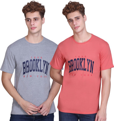 Zeffit Printed Men Round Neck Orange, Grey T-Shirt